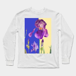 Iris Watercolor Painting - Elegant Purple on Navy & Lemon Yellow Long Sleeve T-Shirt